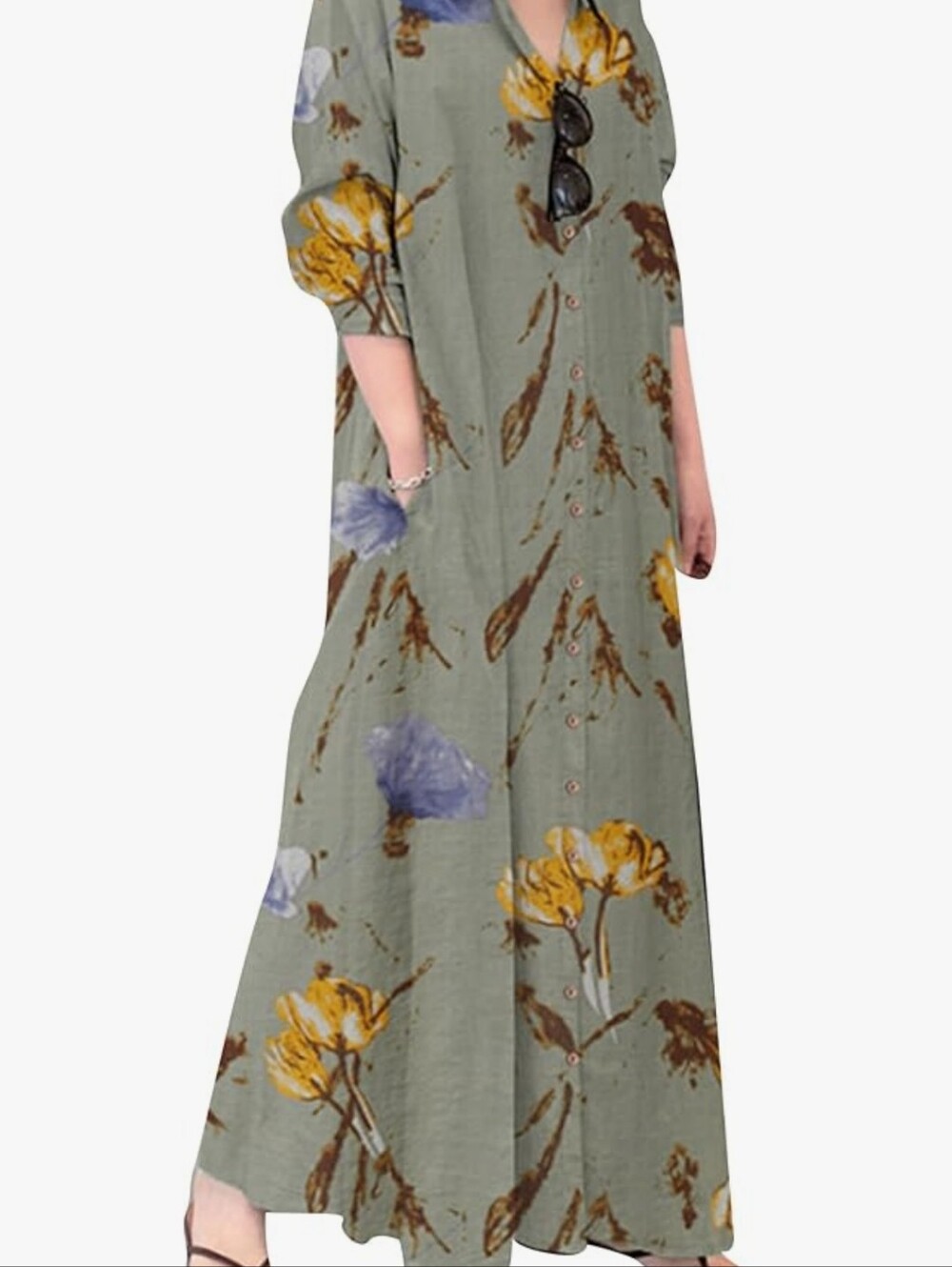 Casual Floral Button-Front Maxi Dress in Sage Green